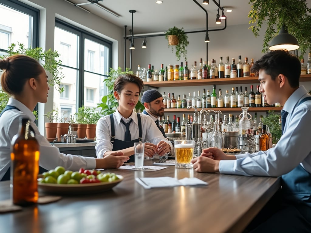 Cuatro personas en uniforme, sentadas en un bar moderno con estantes llenos de botellas y plantas decorativas.