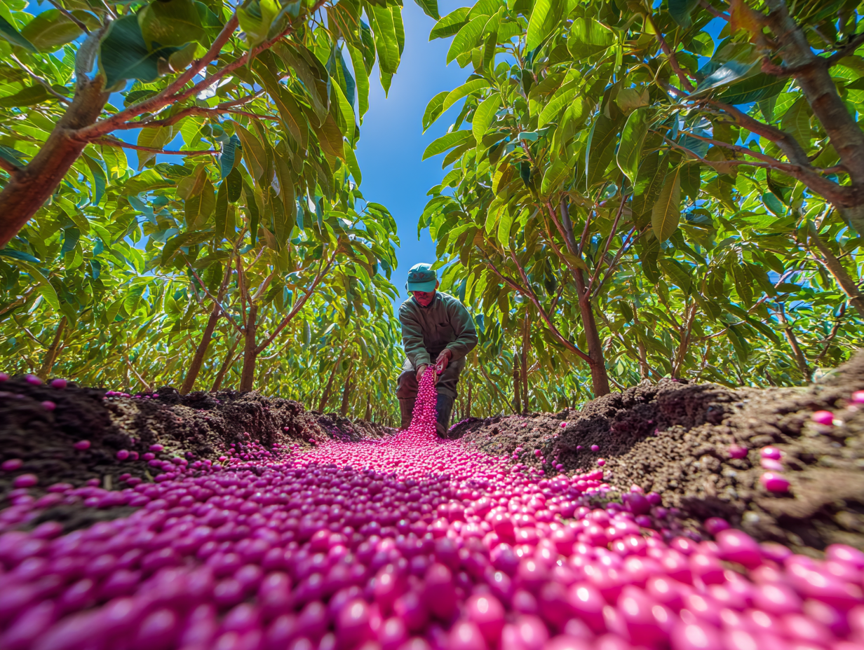 Agricultor aplicando fertilizante granulado rosa en un huerto de árboles frutales bajo cielo azul