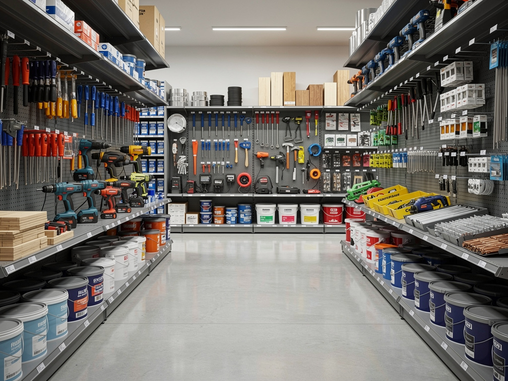 Pasillo de ferretería con herramientas, taladros, pinturas y materiales de bricolaje organizados en estanterías