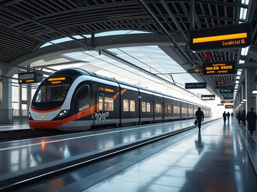 Tren moderno en estación de tren con iluminación natural y pasajeros caminando por el andén.