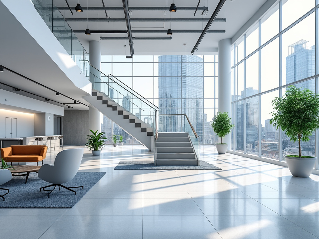 Moderno vestíbulo de oficina con amplias ventanas, escaleras centrales, muebles minimalistas y plantas decorativas, con vista a la ciudad.