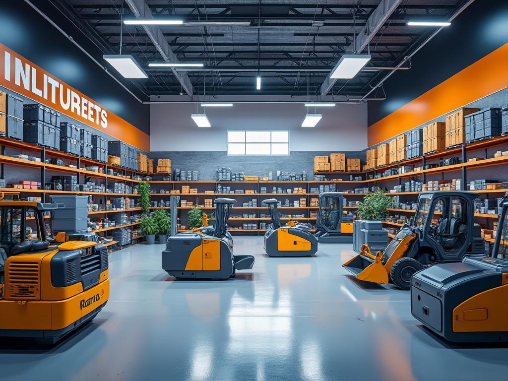 Interior de un almacén moderno con estanterías llenas de cajas y maquinaria industrial en tonos naranjas y grises.