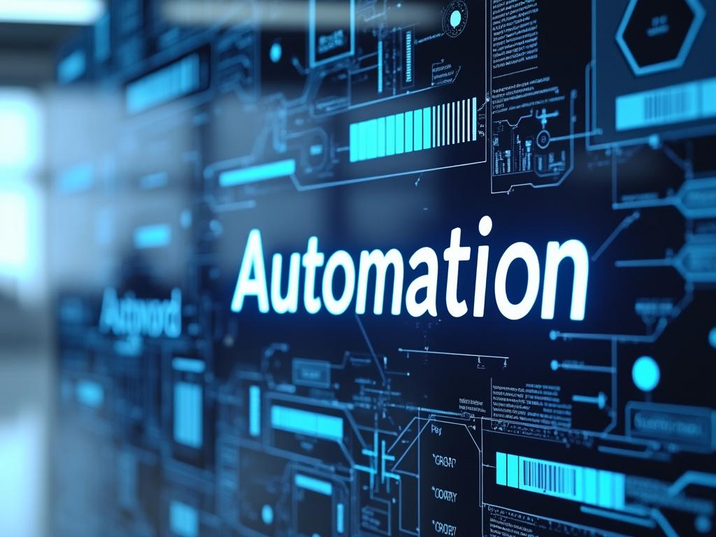 Pantalla digital con diseño futurista mostrando la palabra 'Automation' y gráficos tecnológicos.