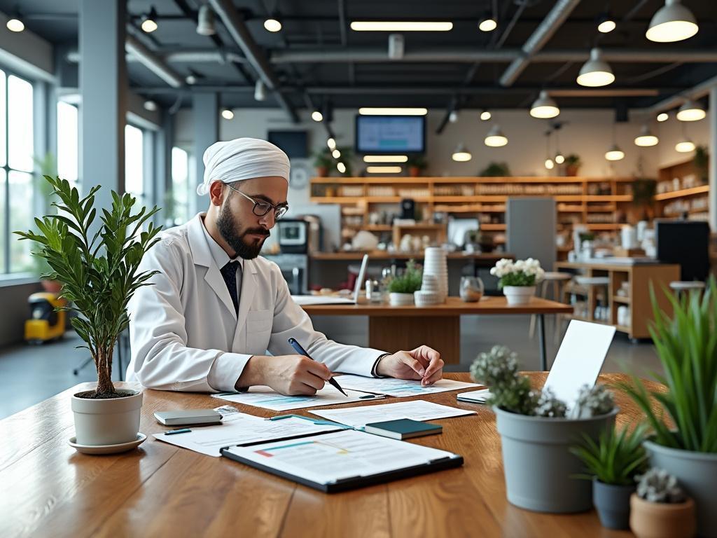 Hombre con turbante trabajando en una mesa rodeada de plantas en un entorno moderno.