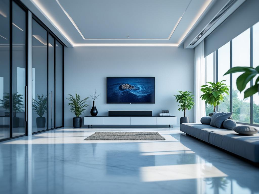 Sala moderna con sofá gris, plantas en macetas, televisor montado en la pared y ventanales que dejan entrar luz natural.