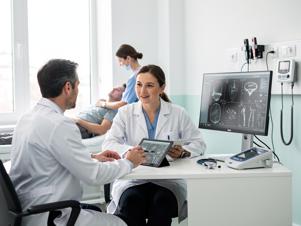 Médicos consultando imágenes de resonancia magnética en una clínica moderna con paciente en camilla
