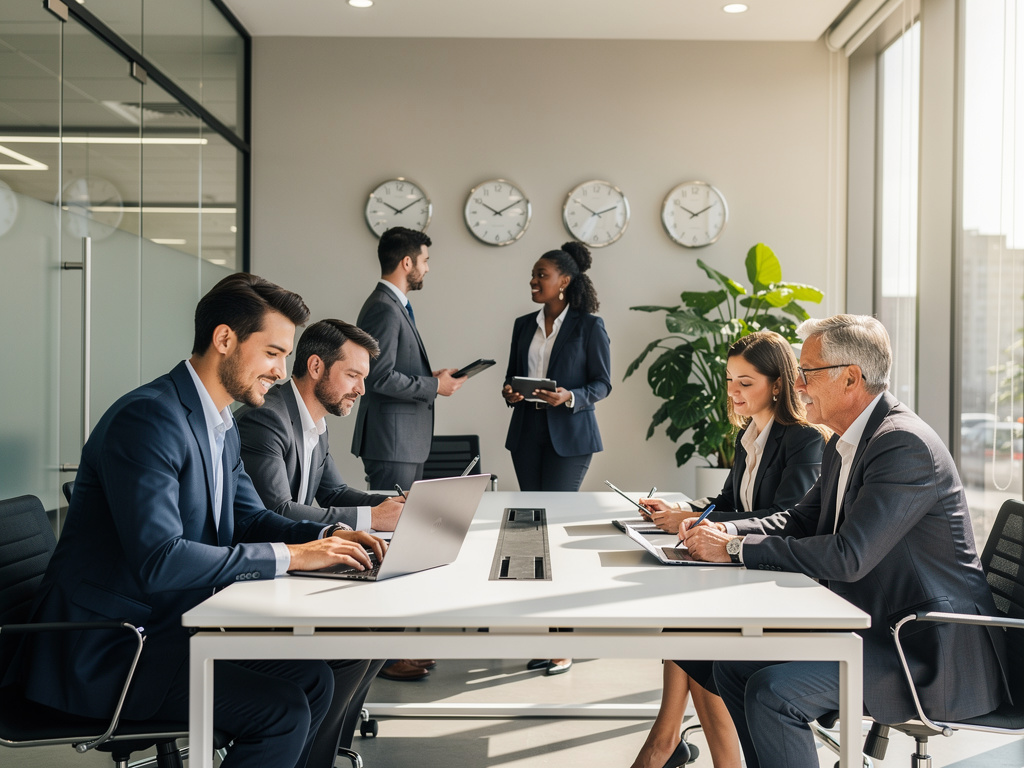 Equipo de negocios en reunión en oficina moderna con portátiles, tablets y relojes internacionales Equipo de negocios en reunión en oficina moderna con portátiles, tablets y relojes internacionales