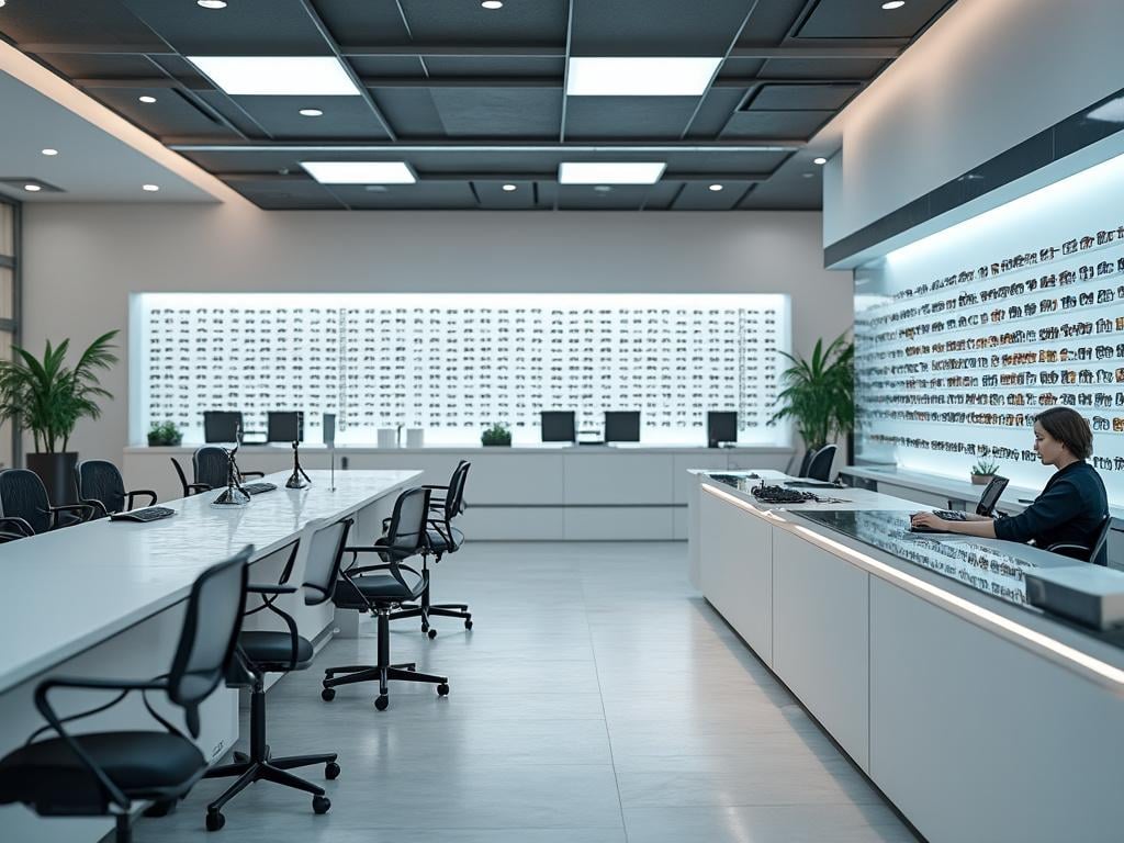 Sala de conferencias moderna con largas mesas blancas y sillas, paredes decoradas con estantes de exhibición, y una recepcionista en un mostrador iluminado; plantas verdes añaden un toque natural al entorno.