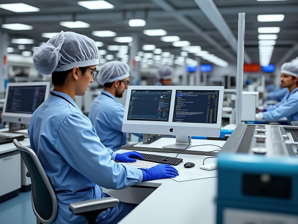 Técnico con bata azul y gorro, trabajando en laboratorio con computadoras avanzadas.