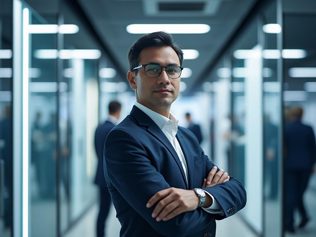 Hombre de negocios con traje y gafas, de pie en un pasillo de oficina moderno con paredes de vidrio.