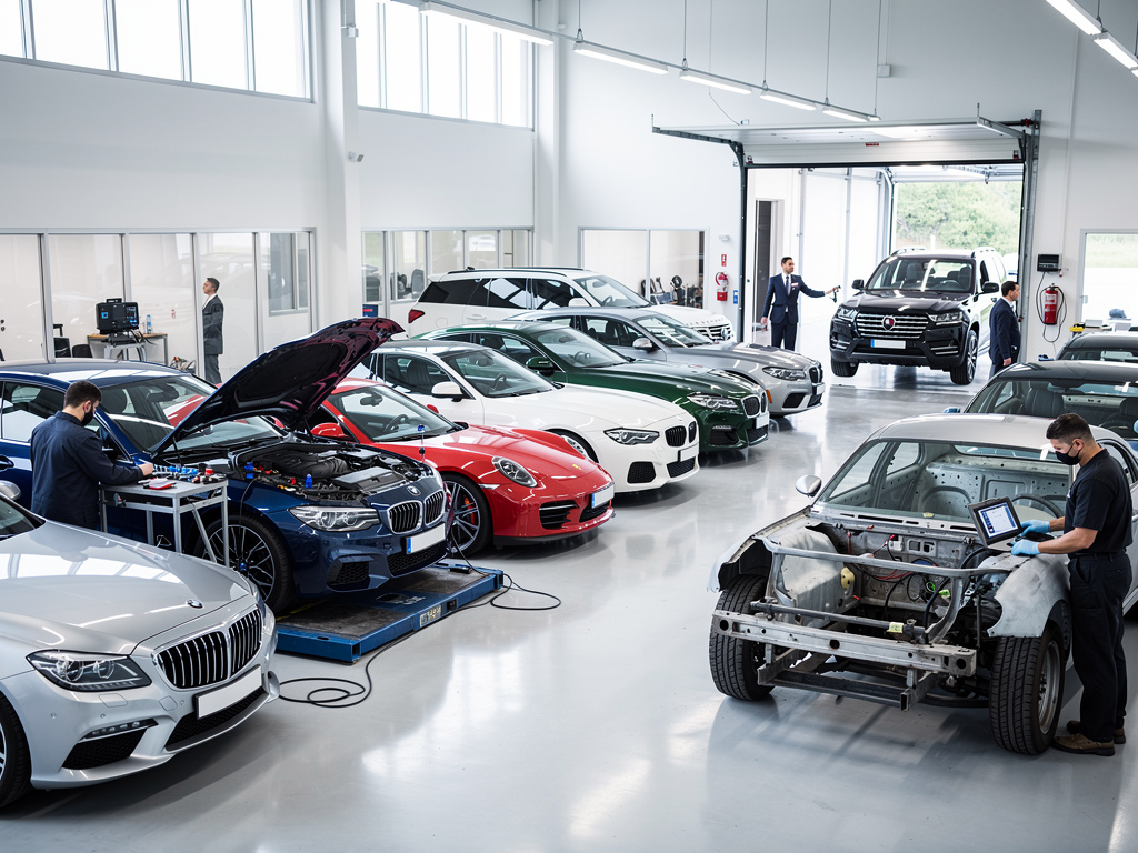 Luxury car service center with mechanics inspecting BMW, Porsche, and SUV vehicles in a modern automotive workshop