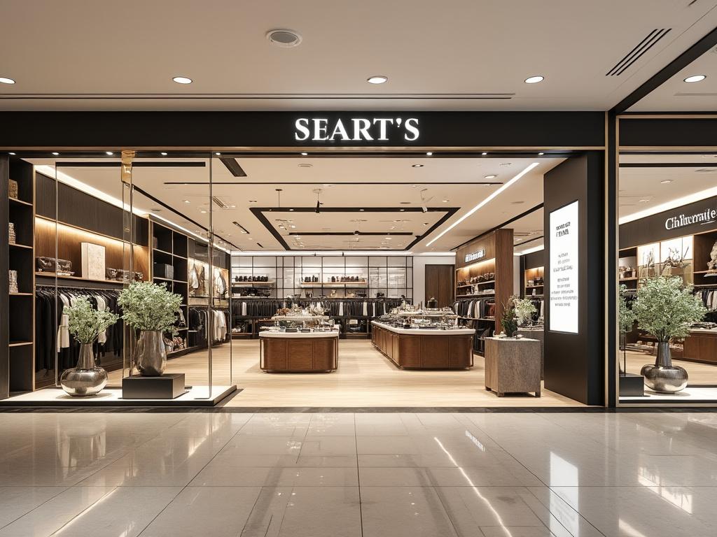Vista frontal de una moderna tienda de moda llamada SEART'S con vitrinas de cristal, iluminación elegante y decoración minimalista.