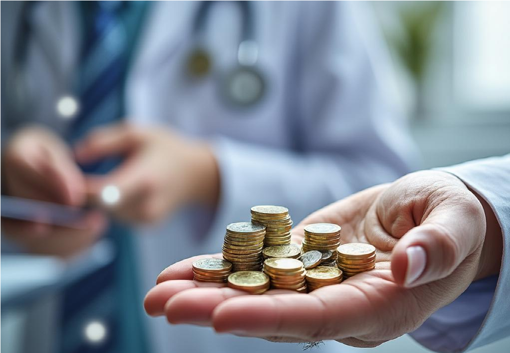 Médico sosteniendo monedas en la mano, simbolizando costos de atención médica.