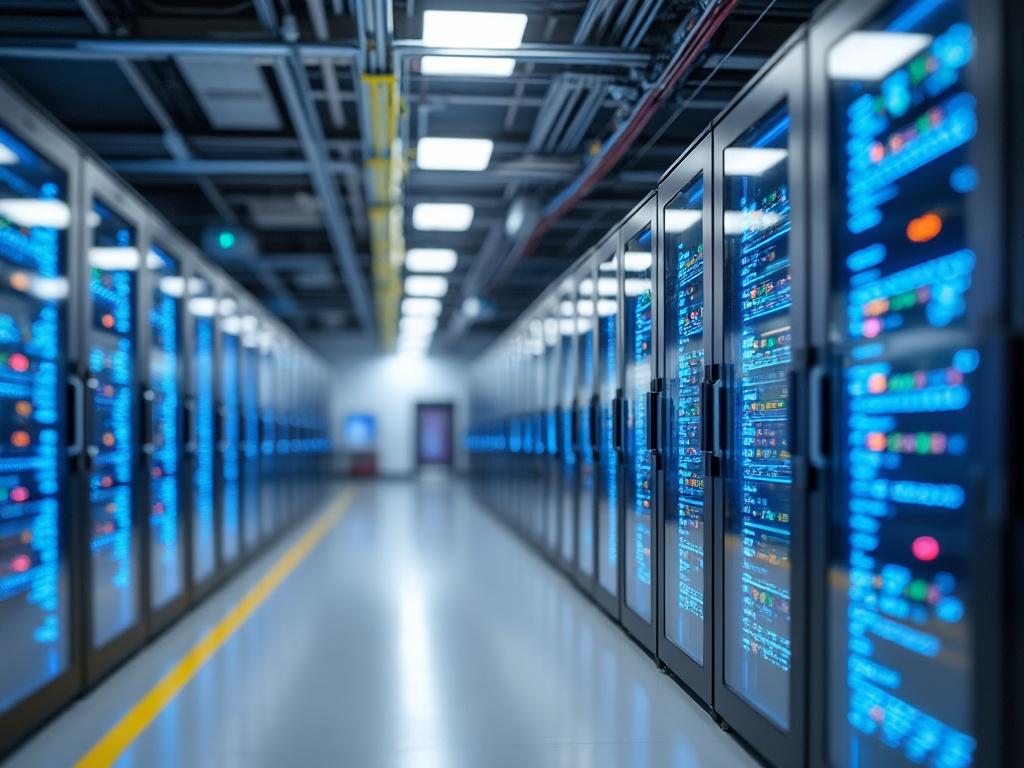 Filas de servidores en un centro de datos moderno con luces azules.
