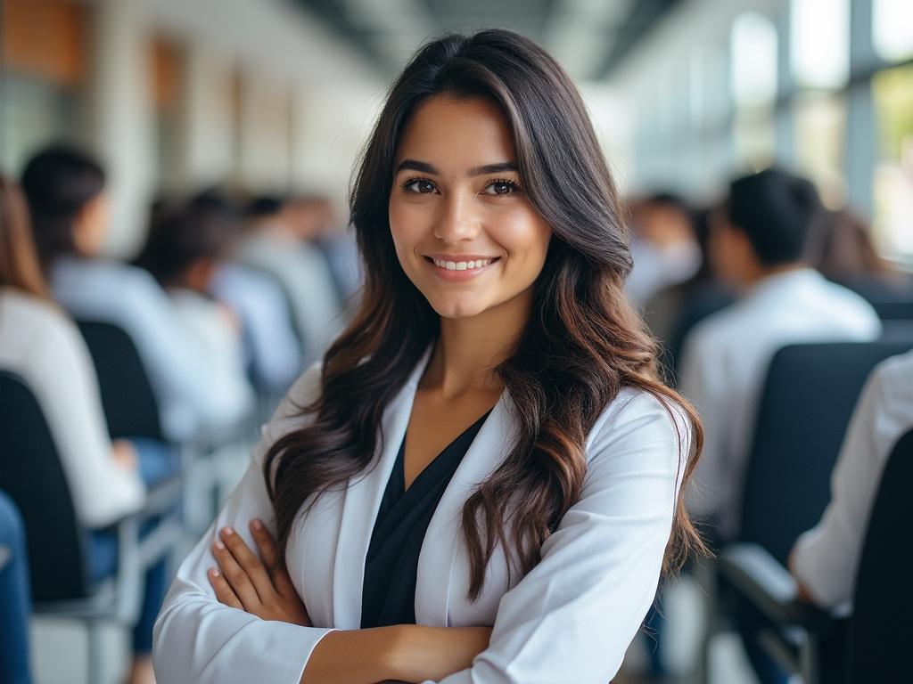 Mujer joven con bata de laboratorio sonriendo en un auditorio.