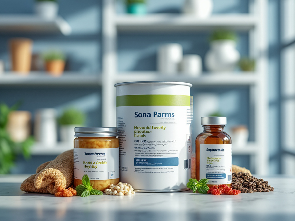 Productos naturales en tarros sobre una mesa de mármol, con fondo desenfocado de estantes y plantas.