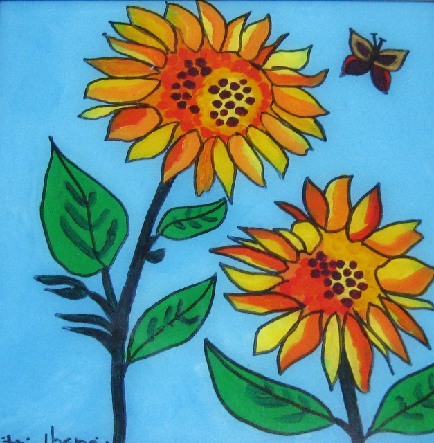 Varvariv, Sunflowers, 10" x 10" Mixed Media on Rverse Glass
