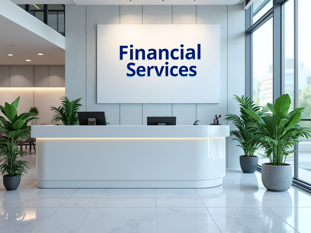 Recepción moderna de servicios financieros con mostrador blanco, plantas verdes y carteles de vidrio.