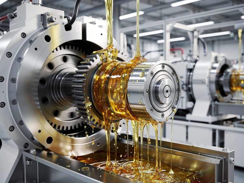 Lubricación industrial con aceite en engranajes y eje de maquinaria CNC en fábrica moderna
