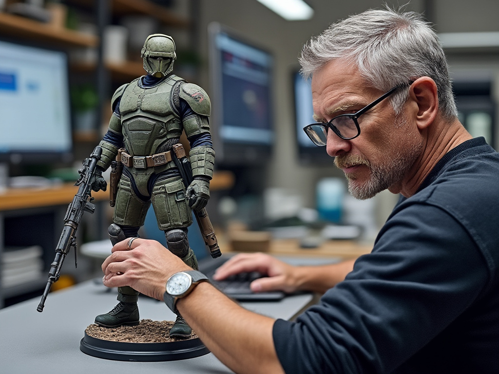 Designer working on a detailed action figure model at a desk with computer monitors in the background.