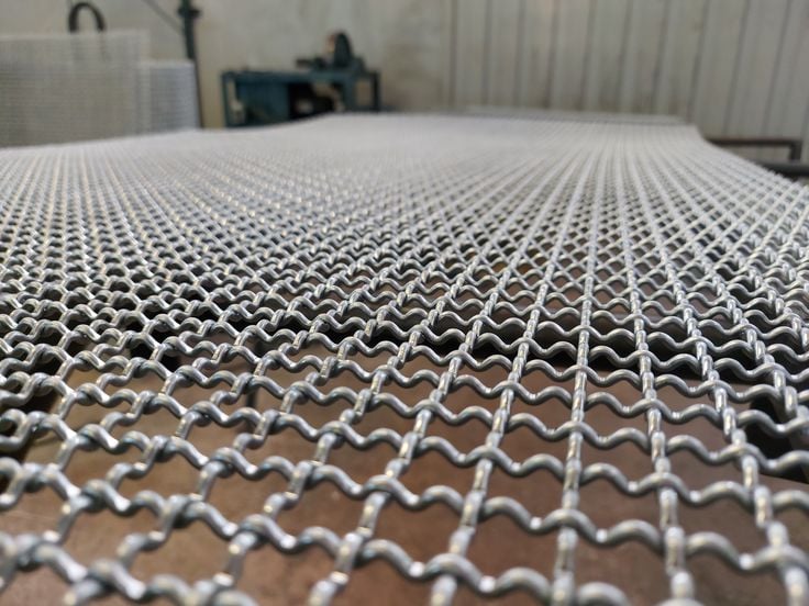 Primer plano de una malla metálica tejida en un taller industrial.