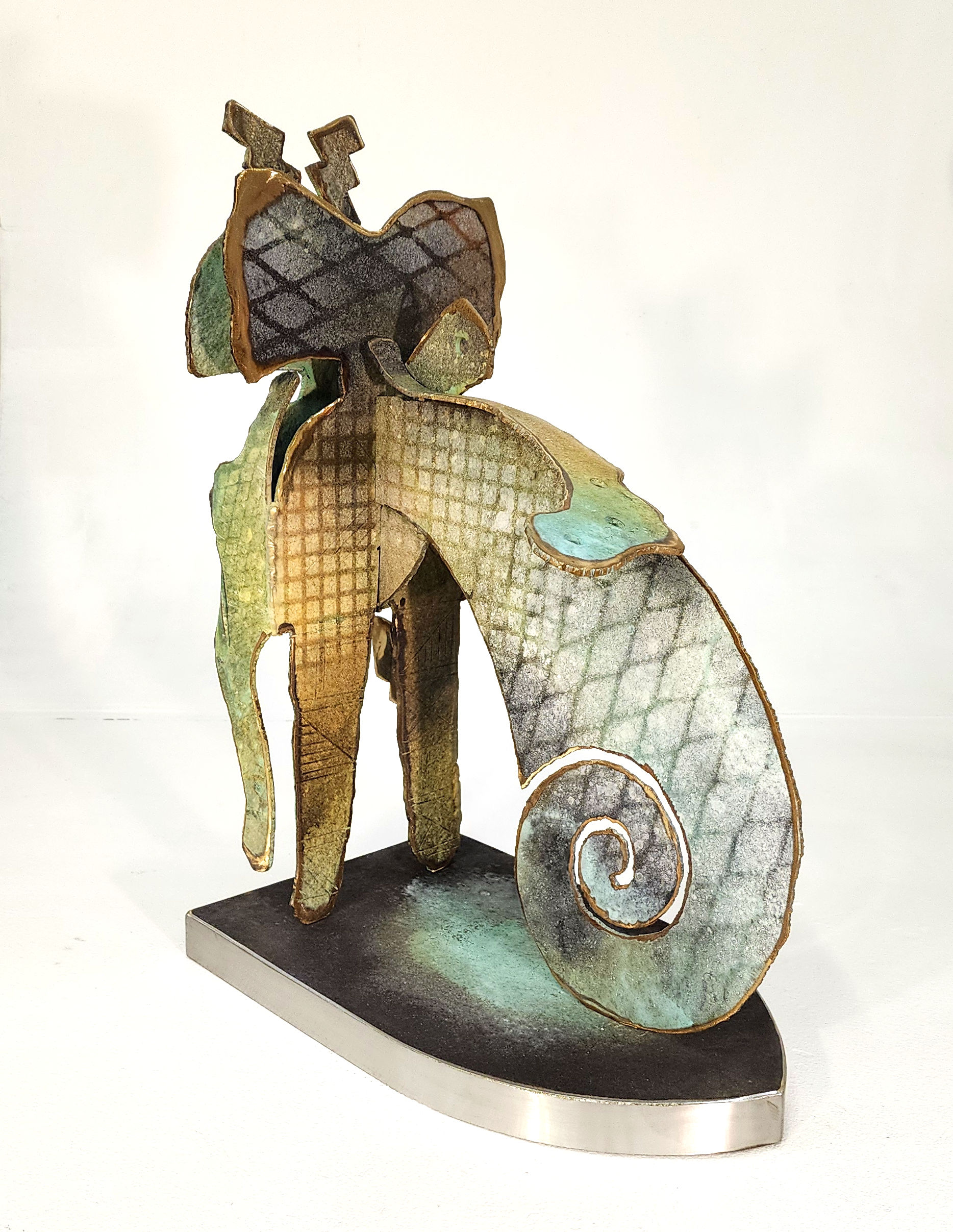 Shango's Friends - #B2 - 2024, Fabricated Bronze Plate with Hot Patina and Stainless Steel Plate, 26" x 12" x 18.5"