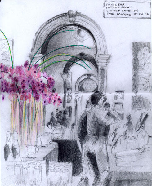 The Pimms Bar at the Summer Exhibition (Pencil/coloured pencil)