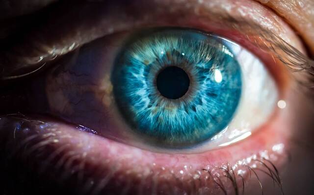 Close-up de un ojo humano con iris azul detallado y pestañas visibles.