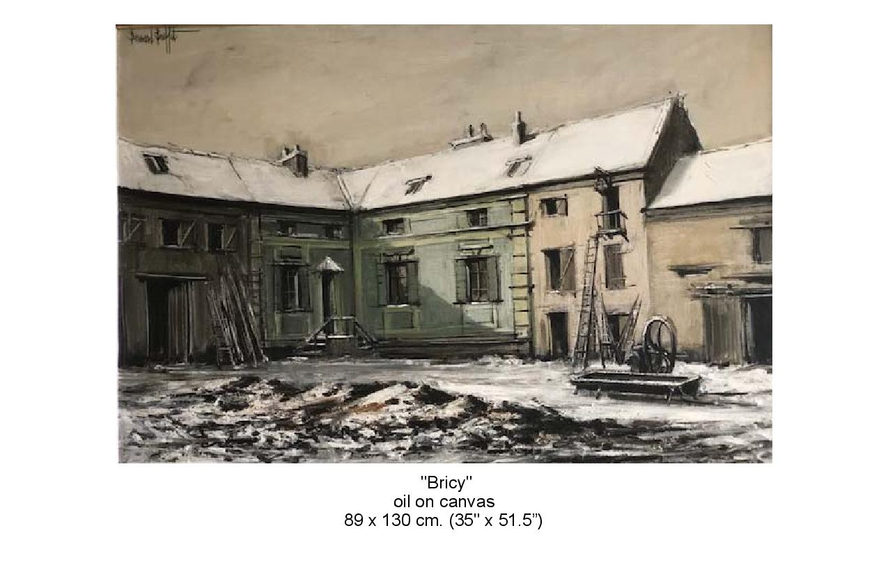 Painting of Bricy,  oil on canvas. Big house with sheds attached