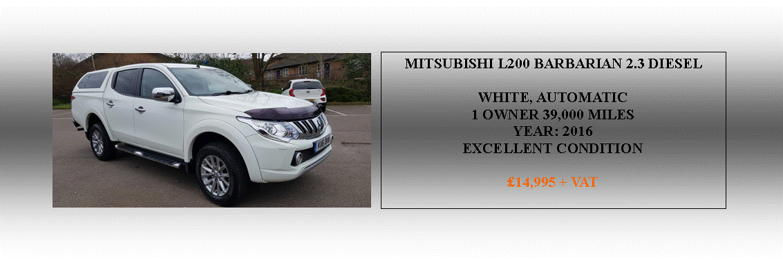 Mitsubishi L 200 Barbarian 175 bhp, LWB 2.5DI-D, Diesel Pickup Truck, 4x4, Automatic, White, Reg 2016, 4 Door, 1 Owner From New, 38,000 Miles, Rear Canopy, Power Steering, Central Locking, Electric Seats, Electric Window, Electric Mirrors, Cruise Control, Air Conditioning, Leather Heated Seats, Side Steps, Bonnet Protector, Radio/Cd Player, Sat/Nav, Rear Parking Camera, Park Assist, Alarm, Immobilizer, 4-Wheel Drive, Anti-Lock Brakes (ABS), Alarm, Driver Airbag, Electronic Stability Program (ESP), Immobiliser, Passenger Airbag, Side Airbags, Barbarian Alloy Wheels, Spare Keys, Spare Wheel, Long MOT. Full Service History,

EXCELLENT CONDITION.
