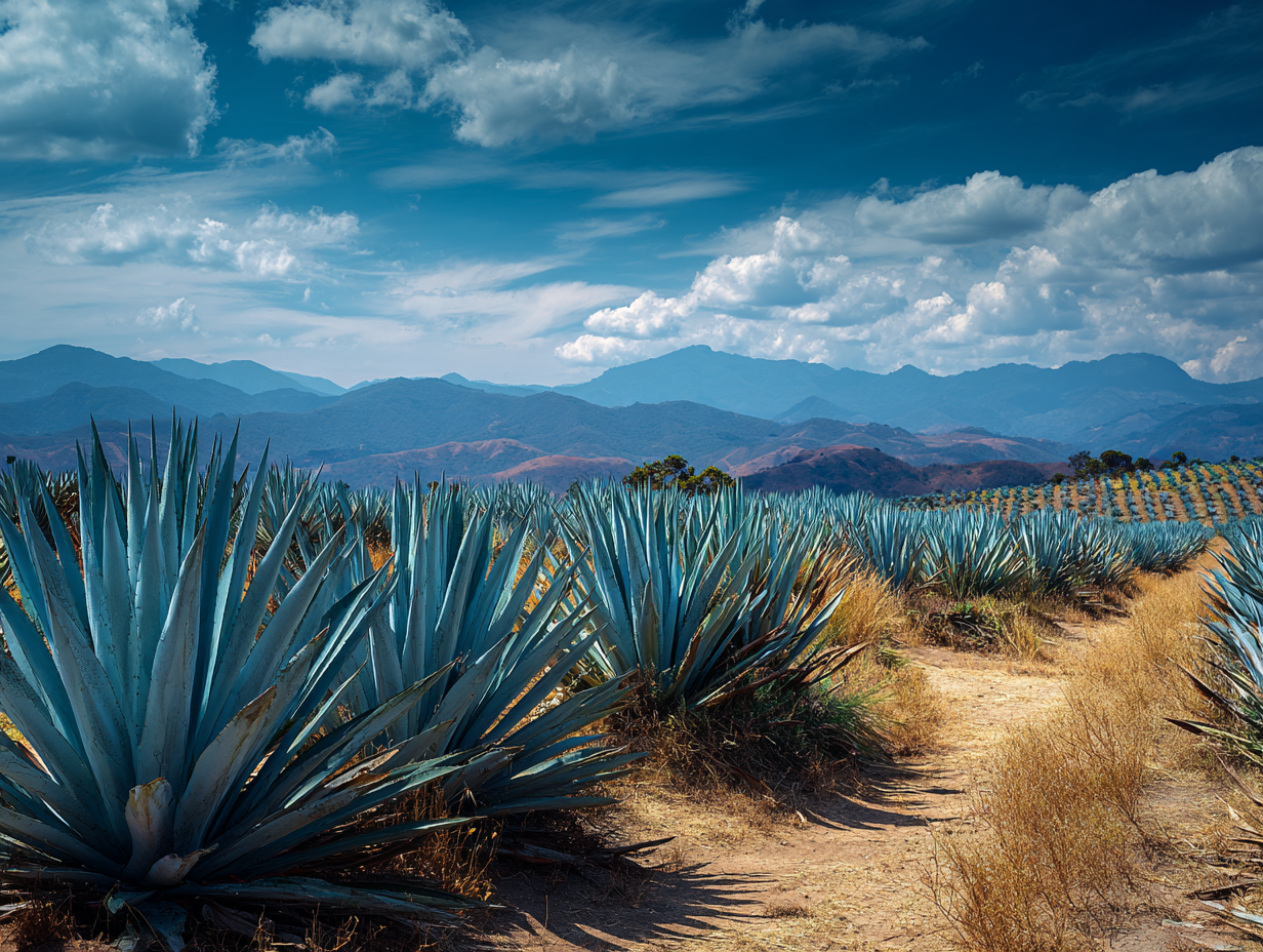 Campo de agave azul en México con montañas y cielo nublado