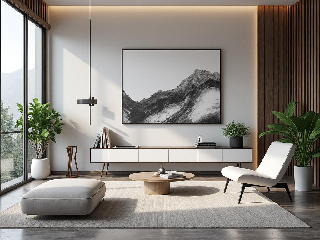 Sala de estar minimalista con sillón moderno blanco, mesa de centro de madera, obra de arte abstracta en la pared y plantas decorativas junto a una gran ventana.