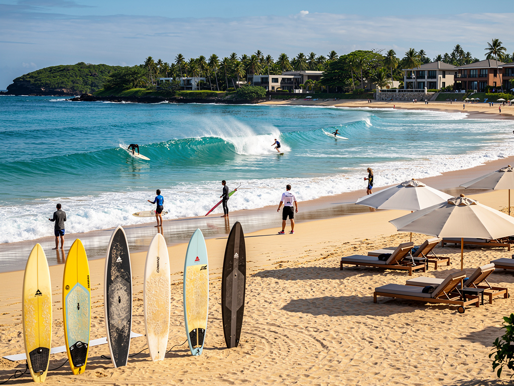 Playa tropical con surfistas, tablas de surf, tumbonas y sombrillas frente a villas de lujo junto al mar Playa tropical con surfistas, tablas de surf, tumbonas y sombrillas frente a villas de lujo junto al mar