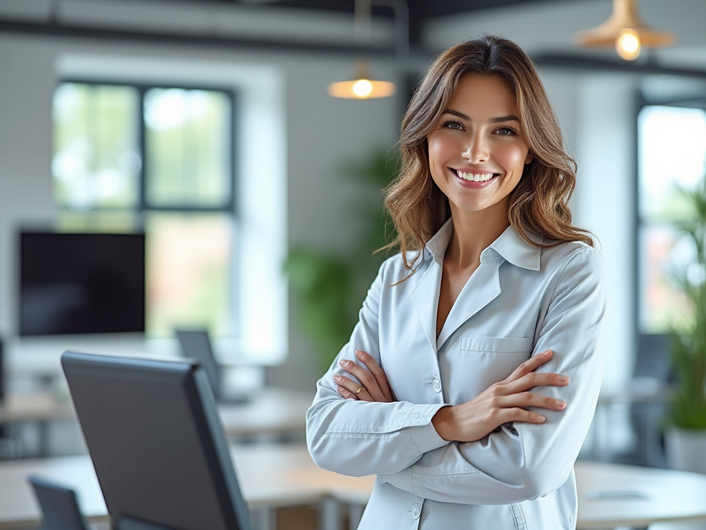 Smiling professional woman in office setting, standing with arms crossed.