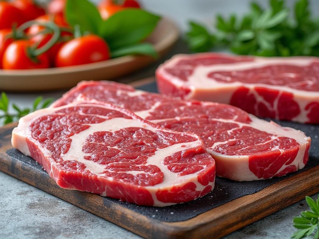 Carne de res cruda en una tabla de madera con tomates frescos y hojas verdes de fondo.