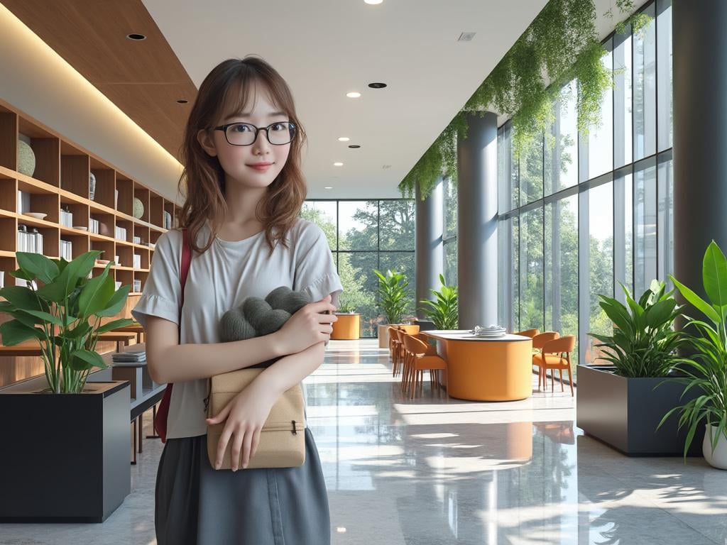 Young woman with glasses standing in a modern library with bookshelves, green plants, and large windows.
Young woman with glasses standing in a modern library with bookshelves, green plants, and large windows.