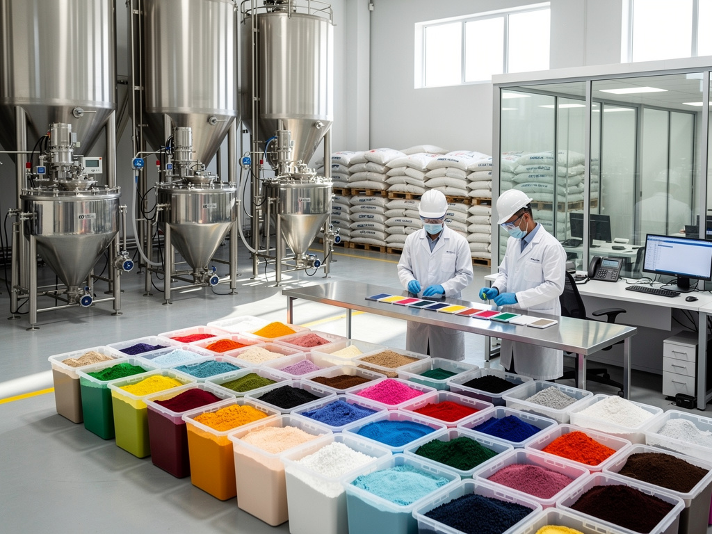 Laboratorio industrial de pigmentos en polvo con técnicos, tanques de acero inoxidable y muestras de colores