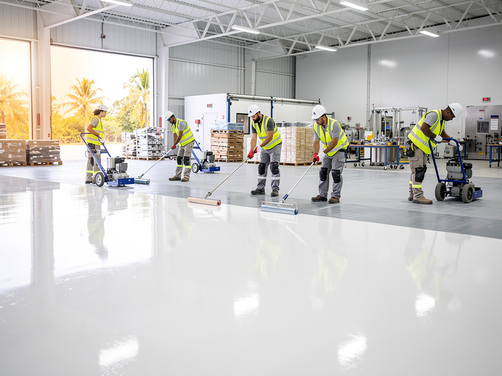 Construction workers applying glossy epoxy floor coating in a large industrial warehouse