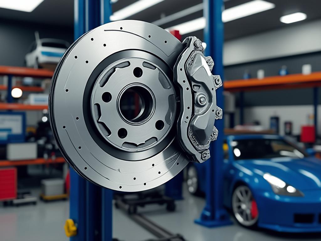 Disco de freno y pinza de un automóvil en taller mecánico con coche azul de fondo.