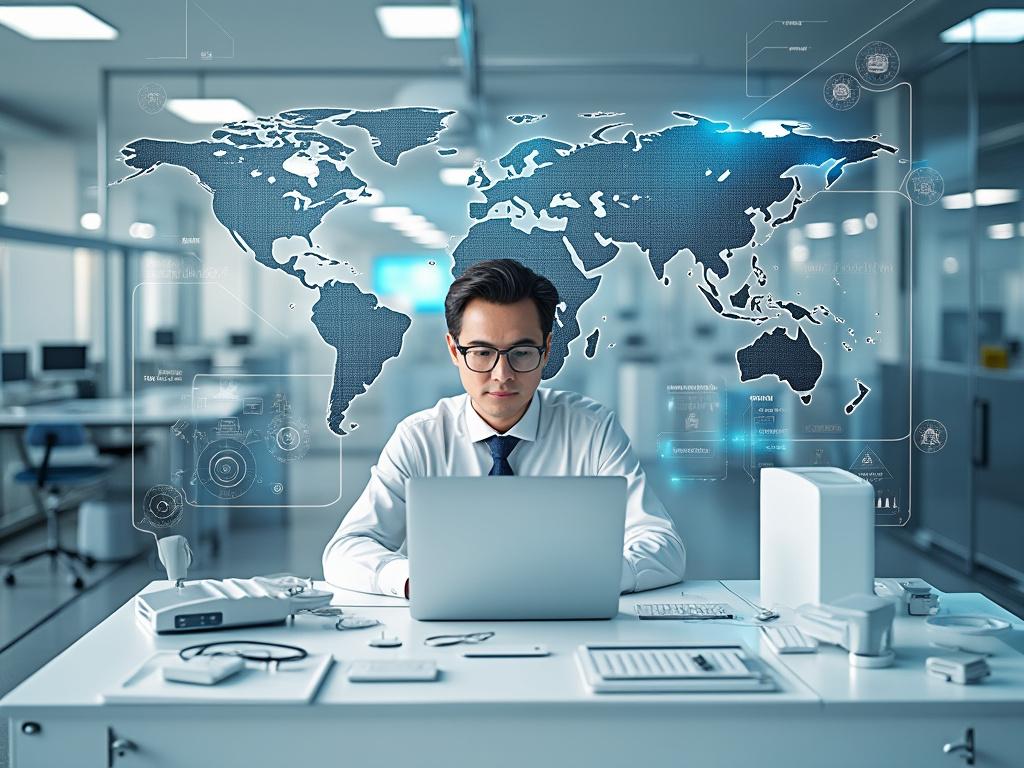 Hombre en oficina moderna trabajando en laptop con mapa mundial digital en el fondo
