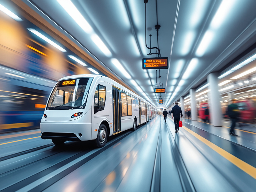 Tranvía blanco moderno en estación de transporte público iluminada con pasajeros y señales digitales