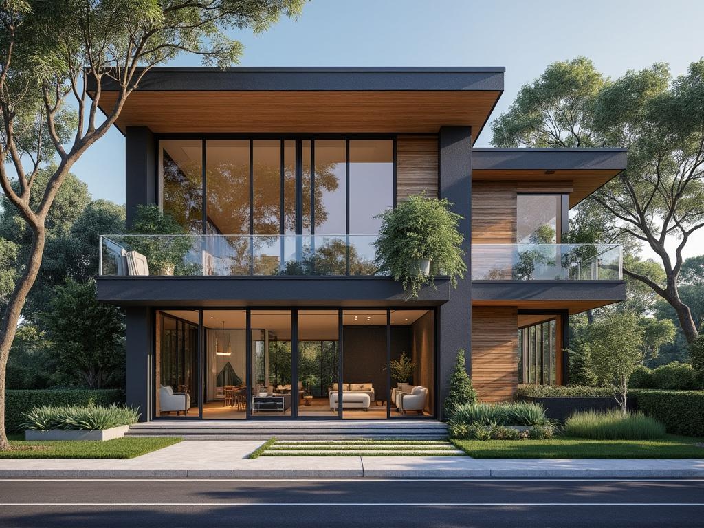 Moderna casa de dos pisos con grandes ventanales y terraza, rodeada de árboles y vegetación.