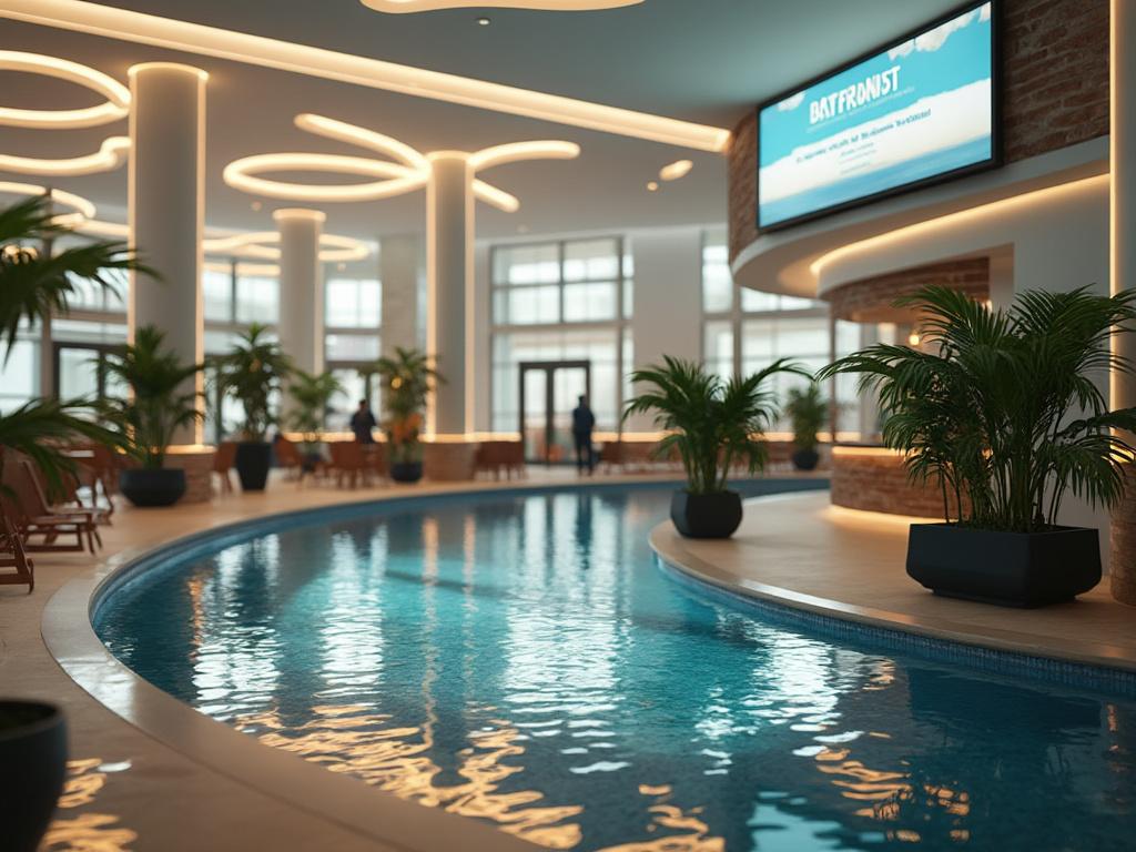 Elegant indoor swimming pool with modern lighting, large windows, and decorative potted plants.
