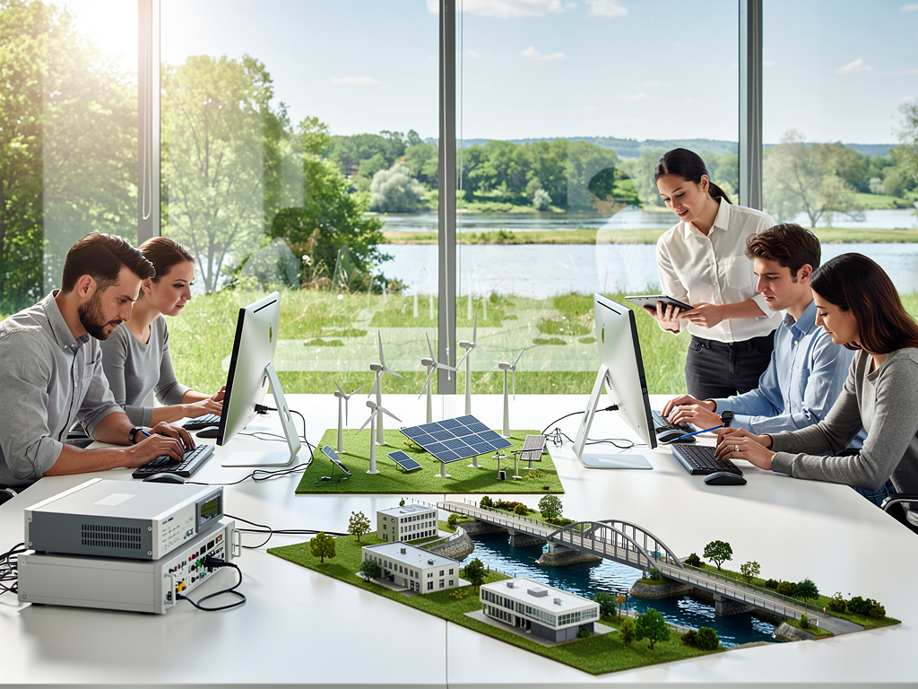 Equipo de ingeniería trabajando en oficina con maquetas de energías renovables, paneles solares, aerogeneradores e infraestructura sostenible
