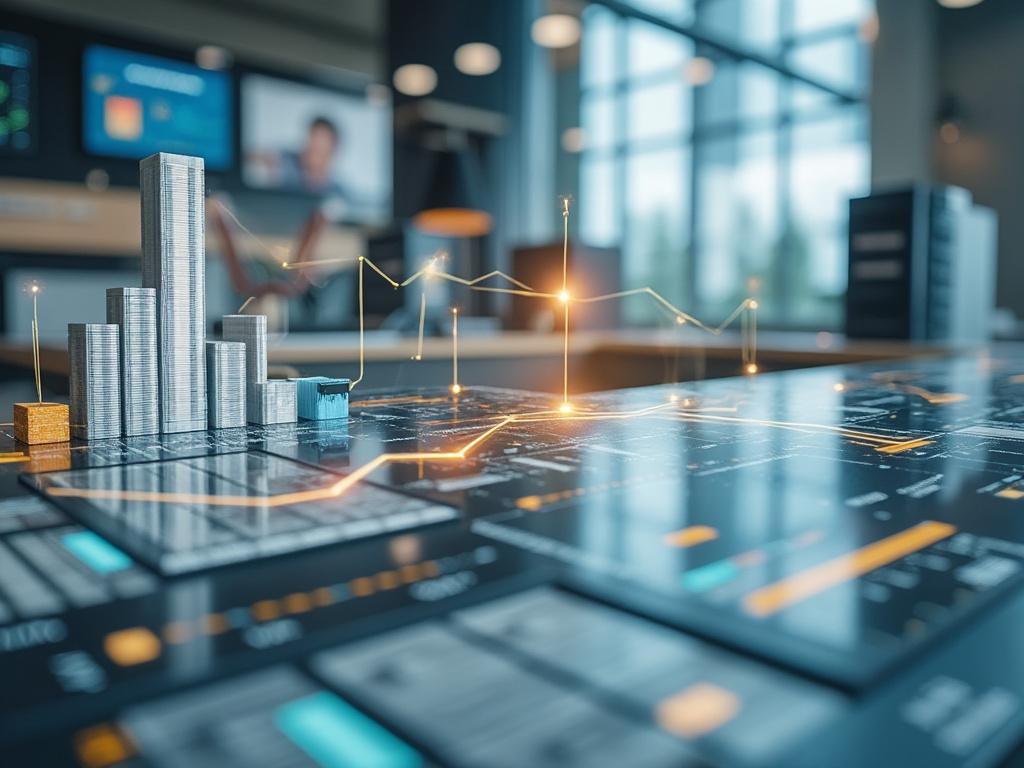 Visualización digital de un gráfico 3D con rascacielos y datos analíticos en un entorno moderno de oficina.