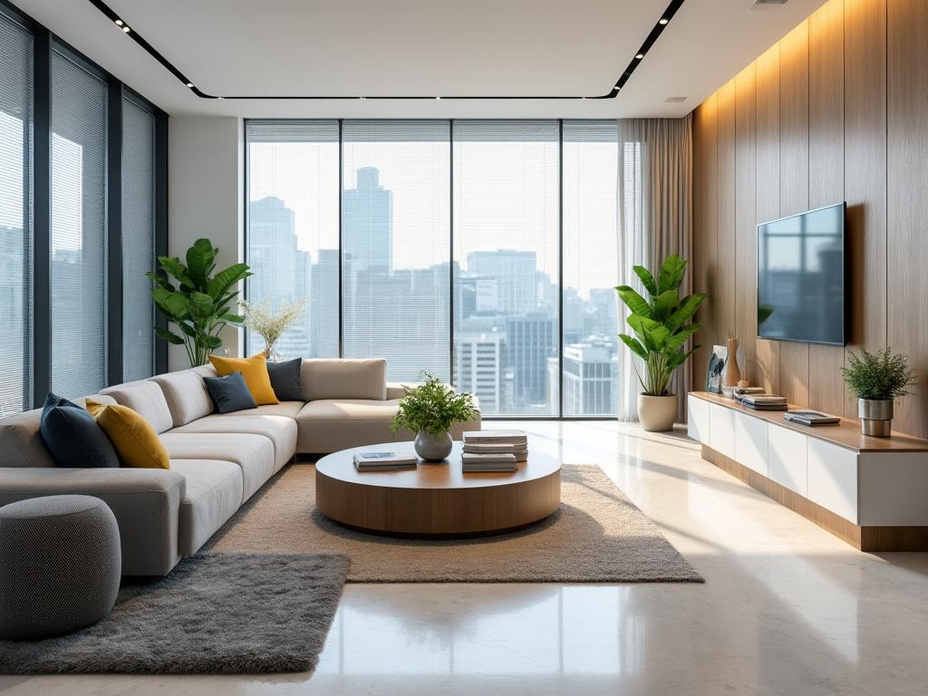 Sala de estar moderna con sofá en forma de L, mesas redondas, plantas decorativas y vista panorámica de la ciudad.