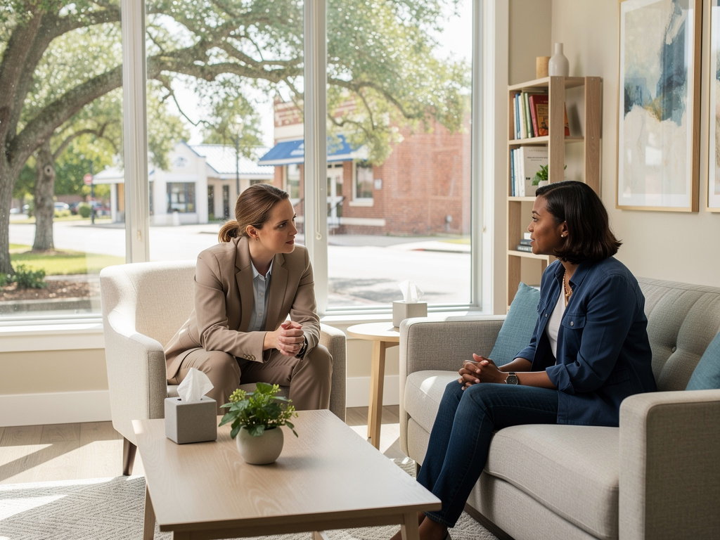 Therapist and client having a counseling session in a bright modern office