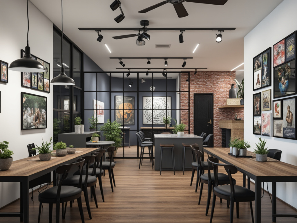 Modern art gallery interior with wooden tables, chairs, potted plants, framed artwork on walls, and industrial lighting.