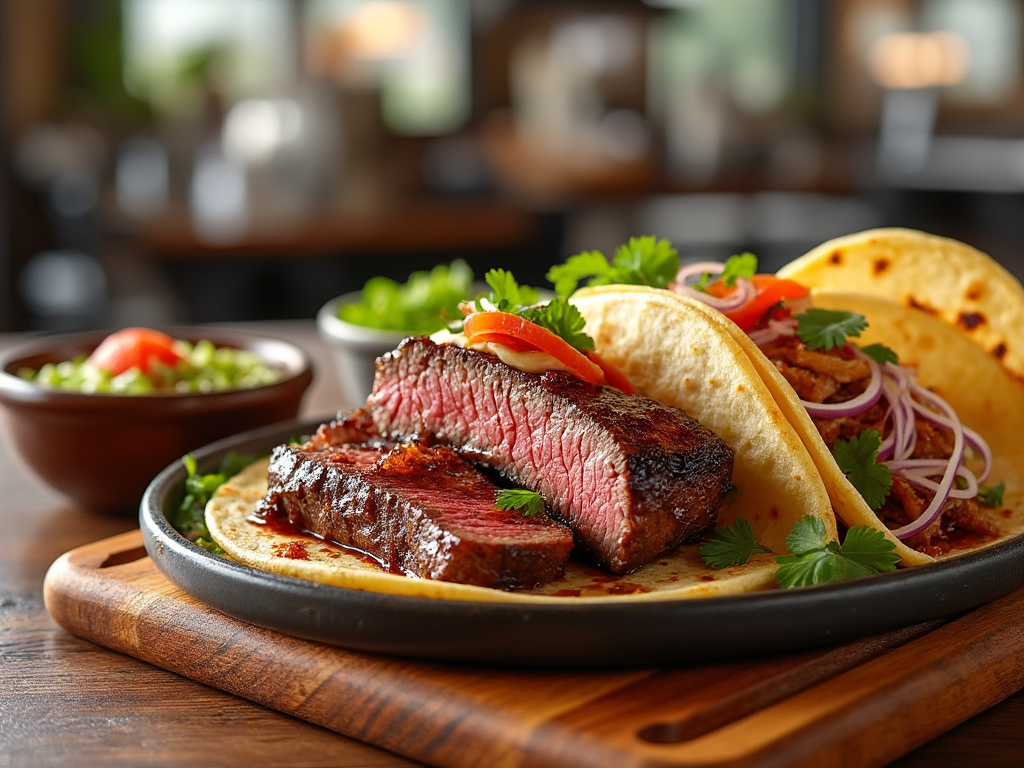 Tacos de carne jugosa con cebolla morada y cilantro en un plato en un restaurante acogedor.