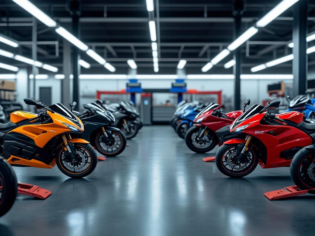 Línea de motocicletas de colores brillantes en una sala de exposición moderna bien iluminada, destacando modelos en rojo, naranja y negro.